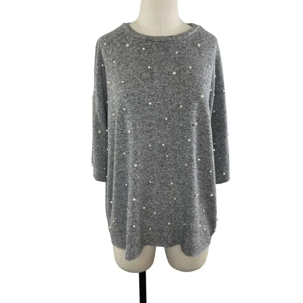 ZARA Trafaluc Gray Pearl Beaded 3/4 Sleeve Crew Neck Pullover Sweater Medium M